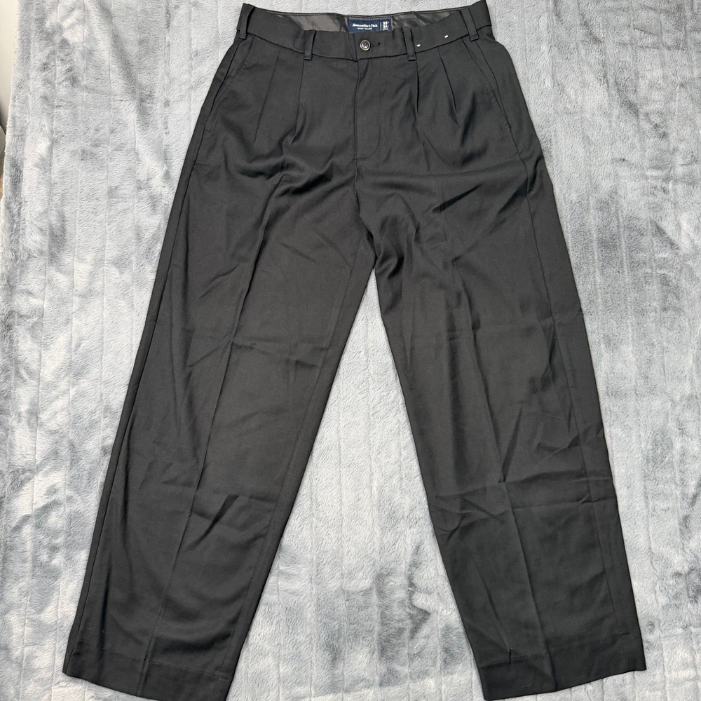 Abercrombie & Fitch Mens Baggy Trouser Black Pleated Wide Leg Pants 33x34